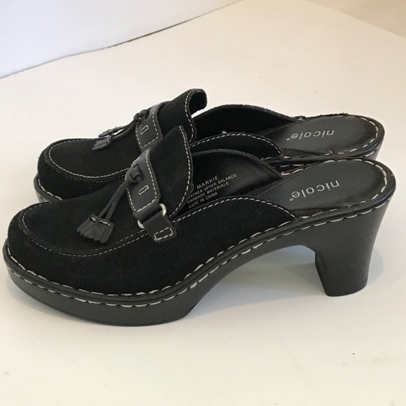 NICOLE Platform Mule Clogs Leather Black Slip On Heeled Clogs Markie Size 8 - Picture 10 of 16